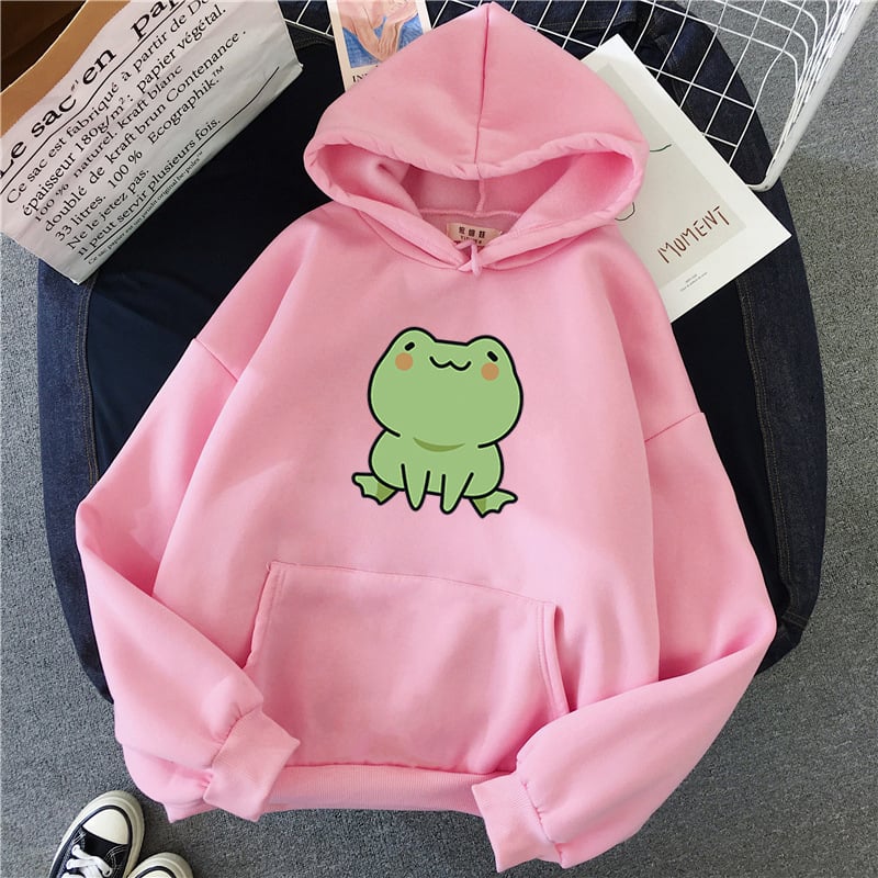 Fluffy Loose Frog Hoodie - Lazy Wind Cartoon Design