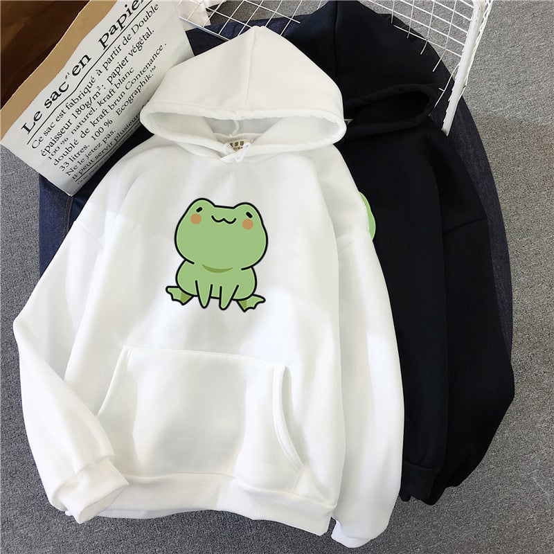 Fluffy Loose Frog Hoodie - Lazy Wind Cartoon Design
