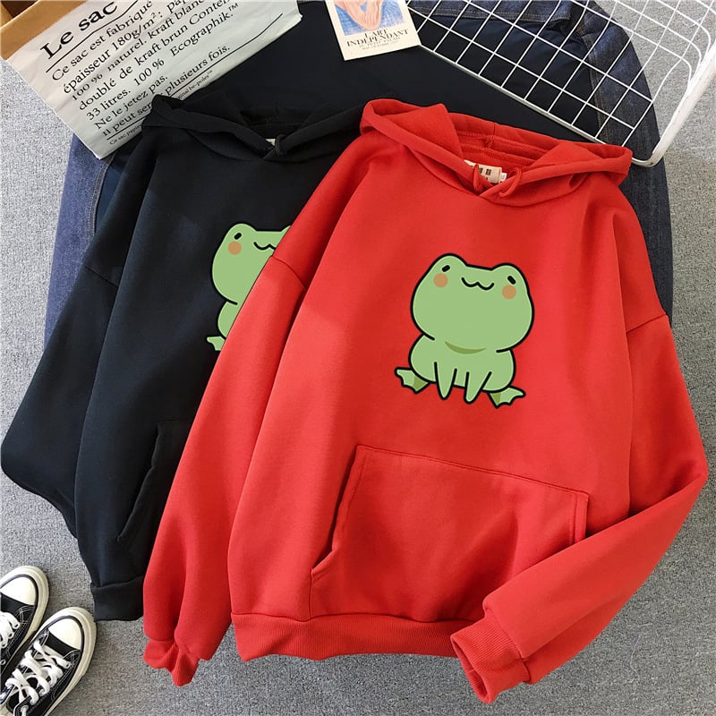 Fluffy Loose Frog Hoodie - Lazy Wind Cartoon Design