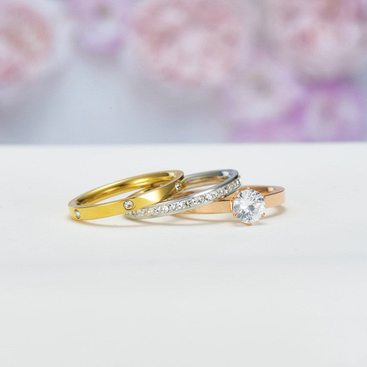 Titanium Steel Six-Claw Diamond Ring Set for Women