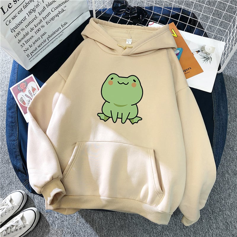 Fluffy Loose Frog Hoodie - Lazy Wind Cartoon Design