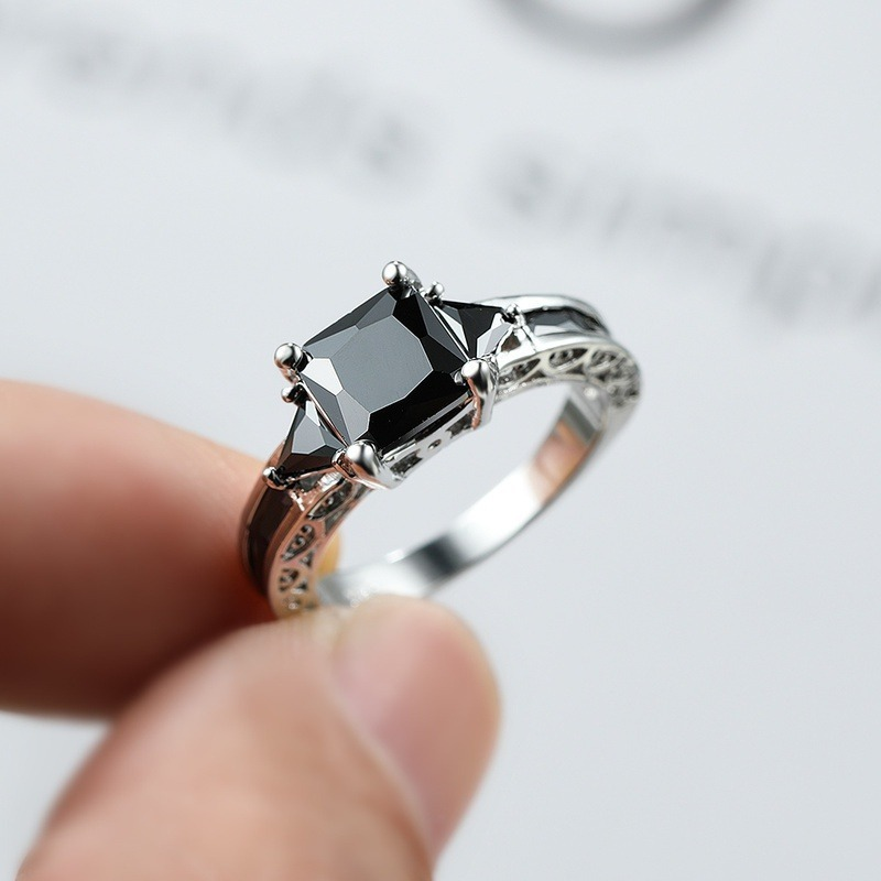Classic Square Cut Black Zircon Engagement Ring for Women