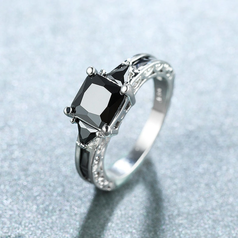 Classic Square Cut Black Zircon Engagement Ring for Women