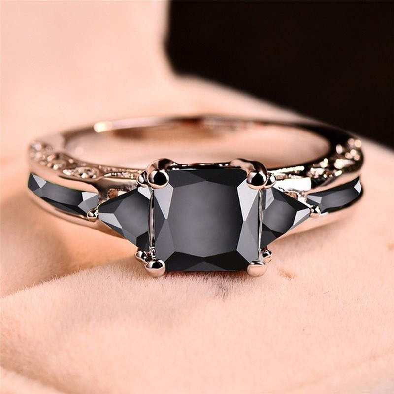 Classic Square Cut Black Zircon Engagement Ring for Women