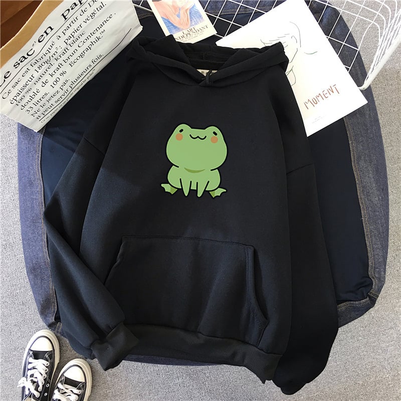 Fluffy Loose Frog Hoodie - Lazy Wind Cartoon Design