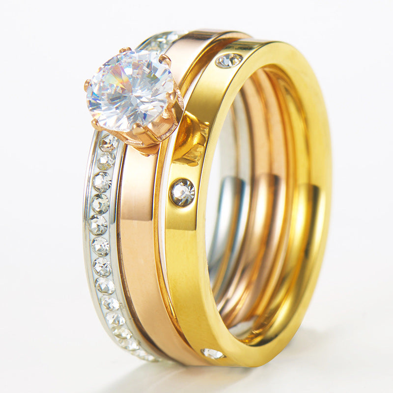 Titanium Steel Six-Claw Diamond Ring Set for Women