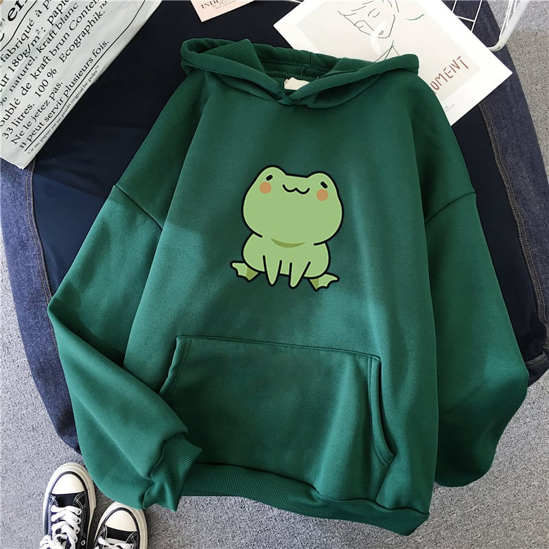 Fluffy Loose Frog Hoodie - Lazy Wind Cartoon Design