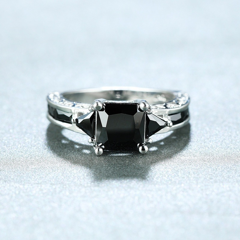 Classic Square Cut Black Zircon Engagement Ring for Women