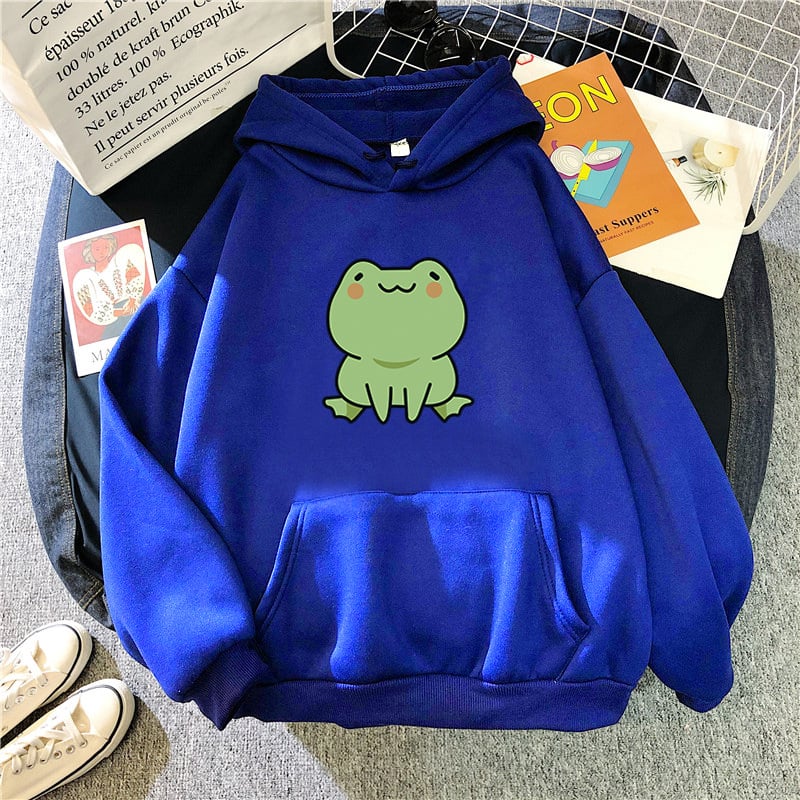 Fluffy Loose Frog Hoodie - Lazy Wind Cartoon Design
