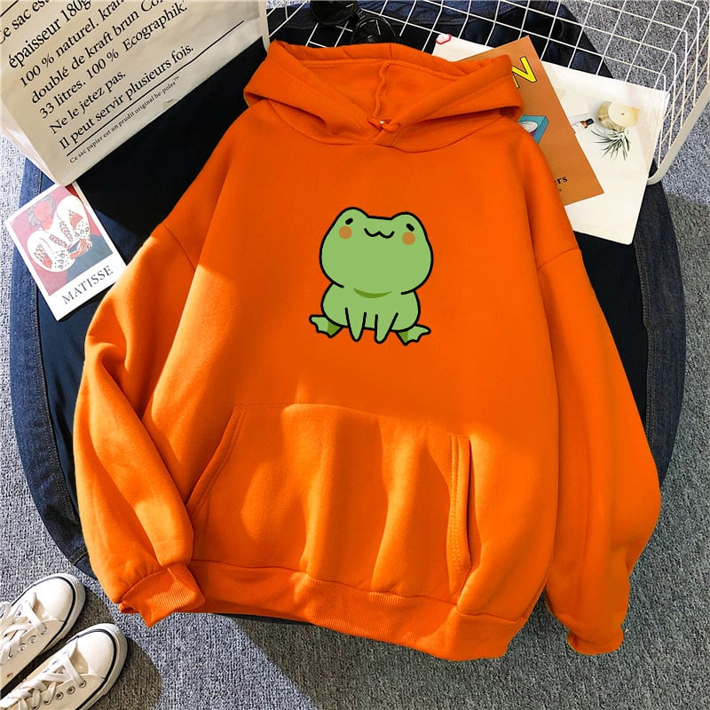 Fluffy Loose Frog Hoodie - Lazy Wind Cartoon Design