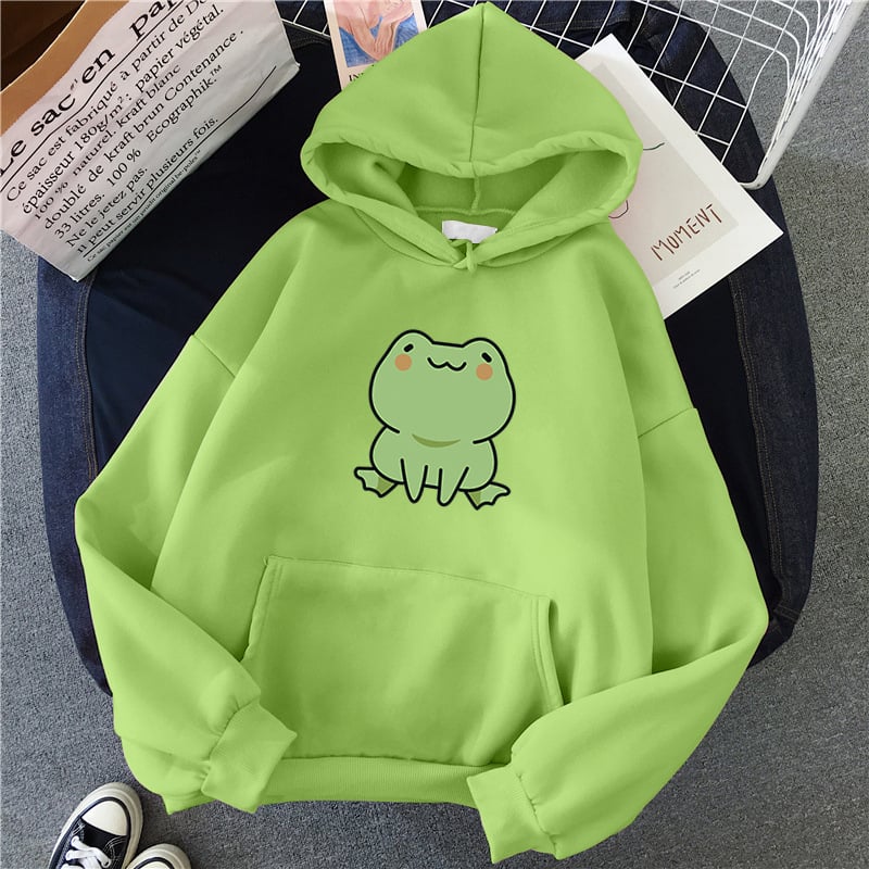 Fluffy Loose Frog Hoodie - Lazy Wind Cartoon Design