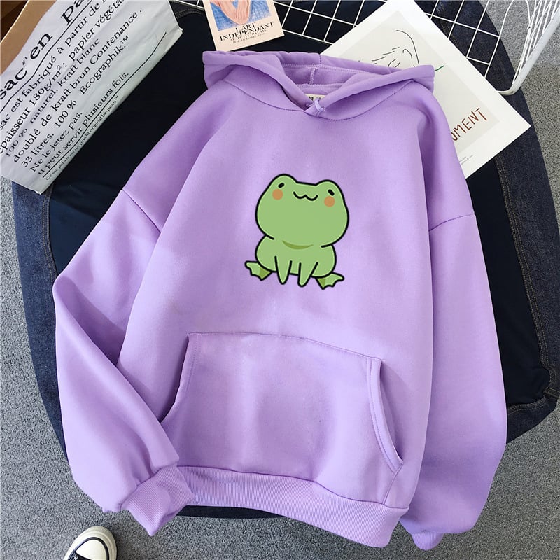 Fluffy Loose Frog Hoodie - Lazy Wind Cartoon Design